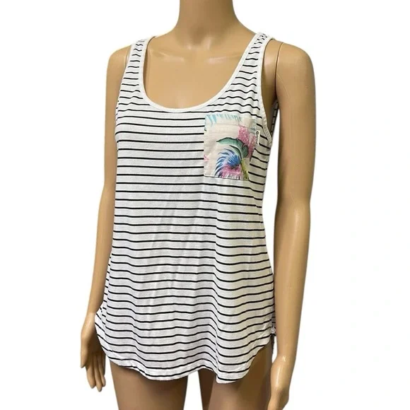 Rip Curl White and Black Striped Tank Top with Tropical Pocket Womens Small - Picture 2 of 10